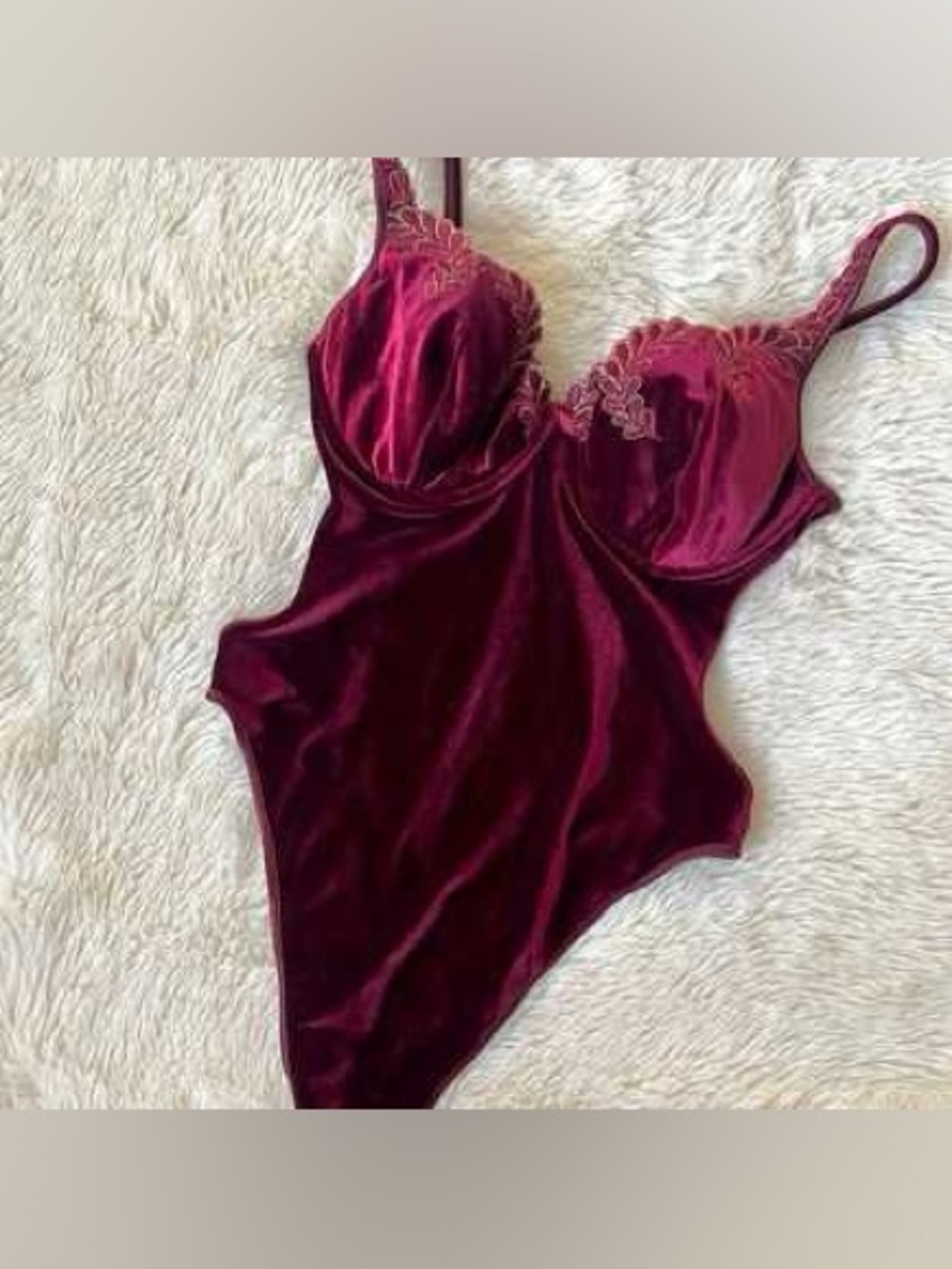 Vintage Victoria's Secret Burgundy Velvet Lace-Trim Bodysuit Y2K